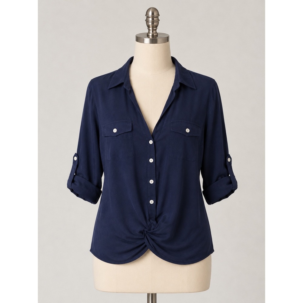 INC International Concepts Navy Blue Linen Blend Roll-Tab Front Knot Shirt Small